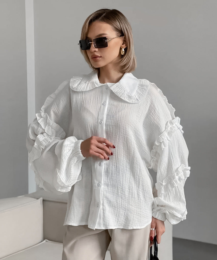 Women Spring and Summer Casual Turndown Clar Lantern Sleeve Career Shirt