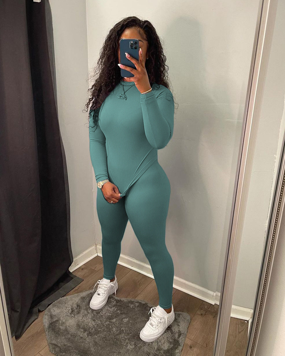 Women'S Two-Piece Set Autumn Winter Solid Color Ribbed Slim Long Sleeve Two Piece Trouser Set 9