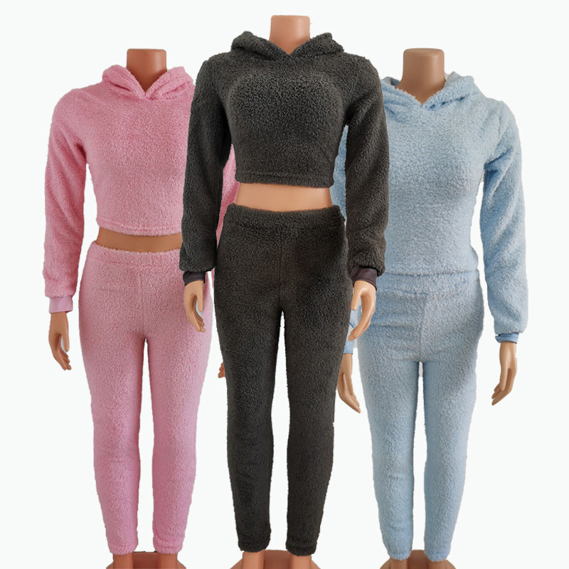 Plus Size Women Sherpa Backless Hood Top and Pant Two Piece Set 19