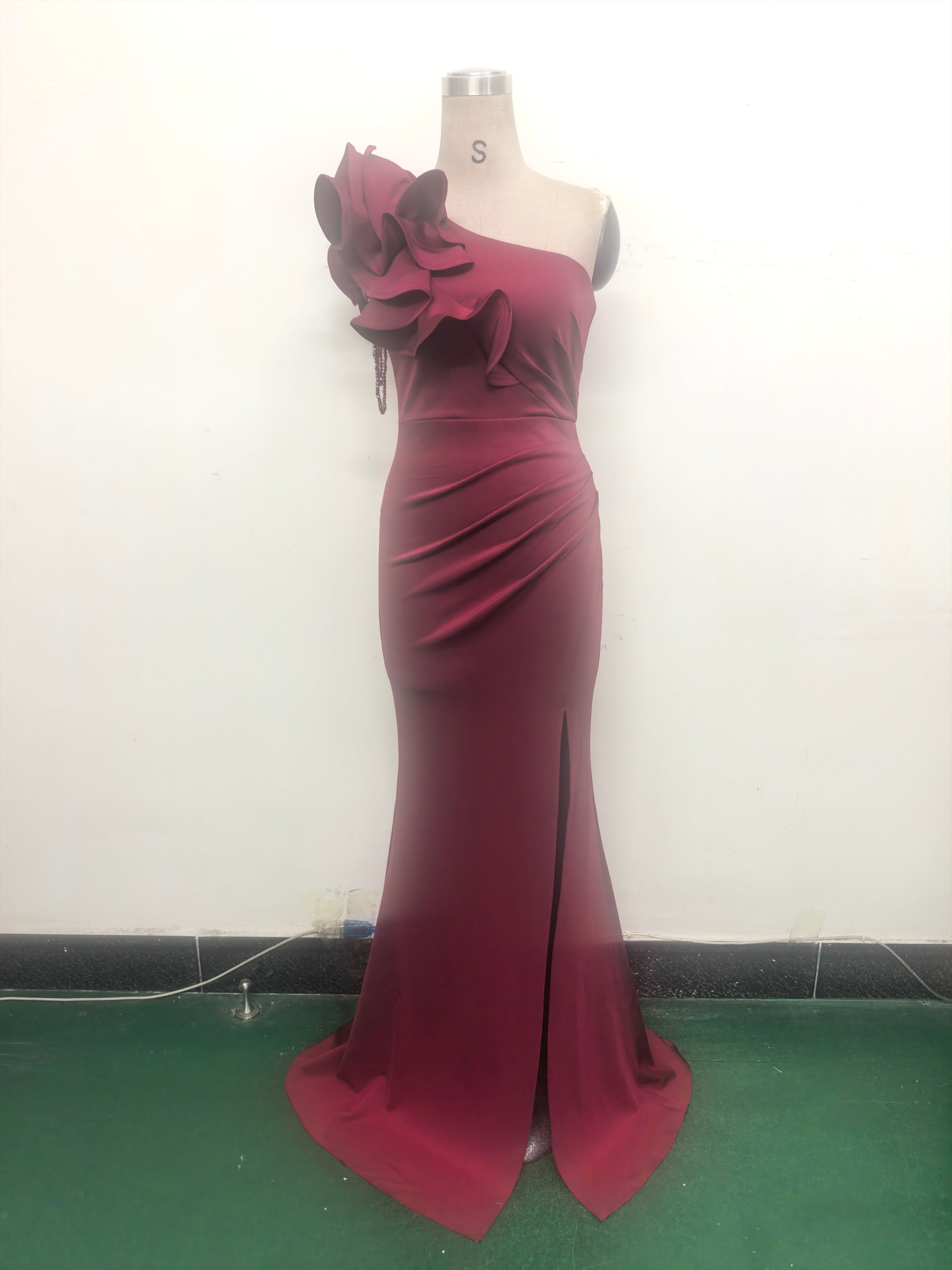 Women One-Shoulder Beaded Wool and Floral Satin Slit Sexy Evening Dress 15