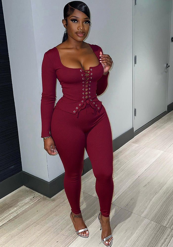 Women's Autumn Lace-Up Long Sleeve Solid Two-Piece Pants Set