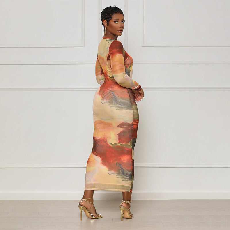 Women suspender skirt sexy Mesh abstract print long-sleeved dress two-piece set