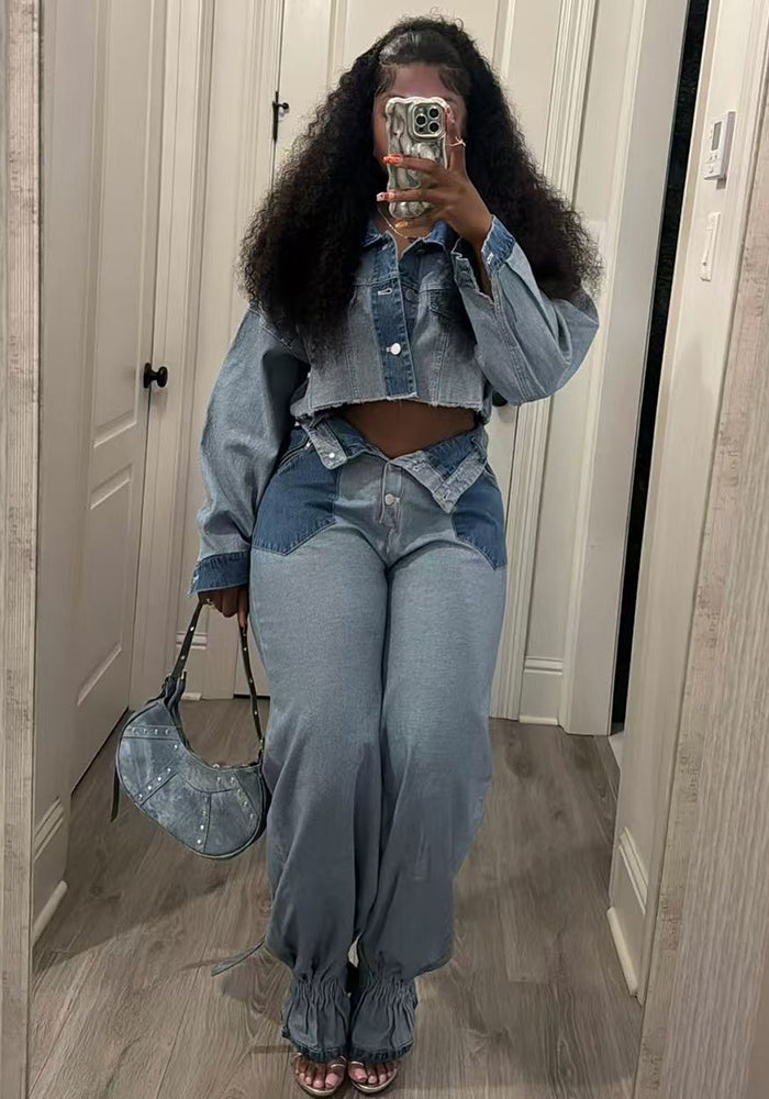 Women Fashion color matching Denim Top and Pant two-piece set