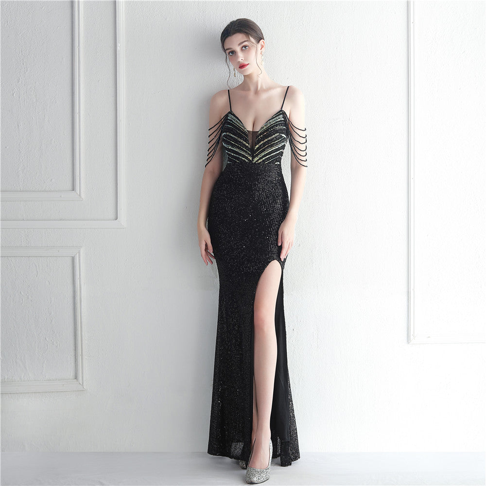 Fashion Red Carpet Formal Bead Chain Sling Long Evening Gown 5