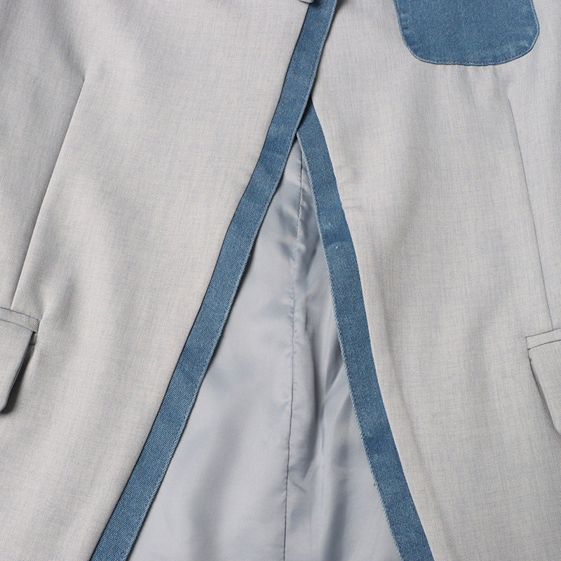 Women Autumn and Winter Fake Two Piece Patchwork Denim Blazer 13