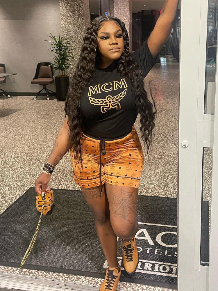 Fashion Print Short Sleeve Two Piece Shorts Set for Women