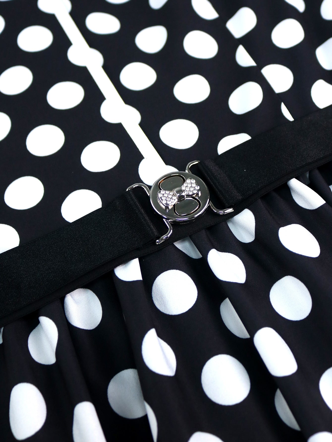 Plus Size Women Turndown Collar Black Polka Dot Belt Sleeveless Dress 12