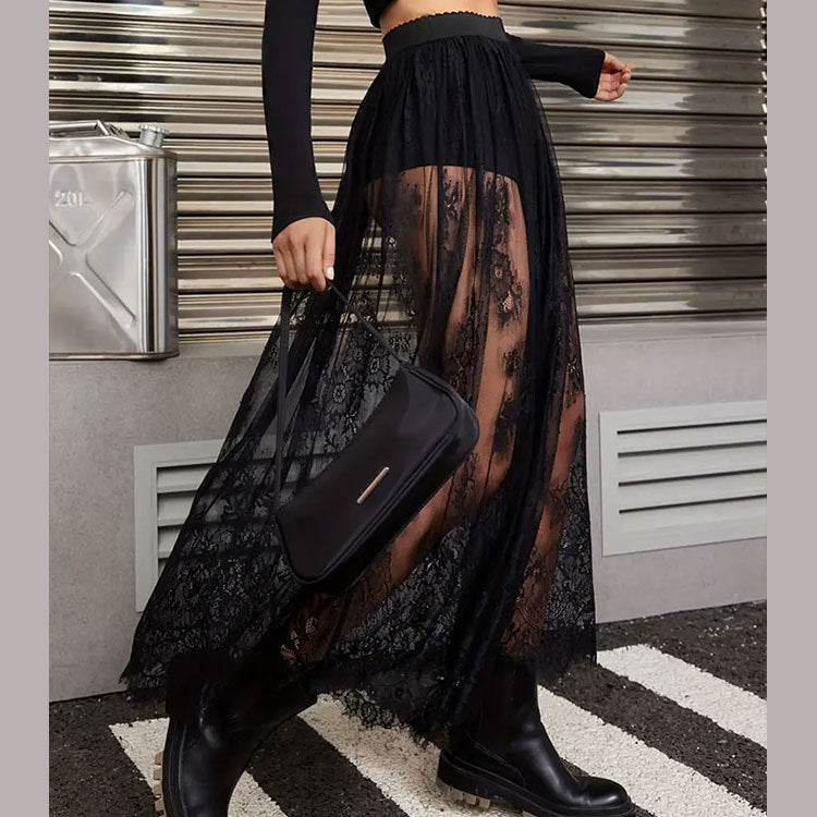 Women's Summer See-Through Lace Sexy Long Skirt 7