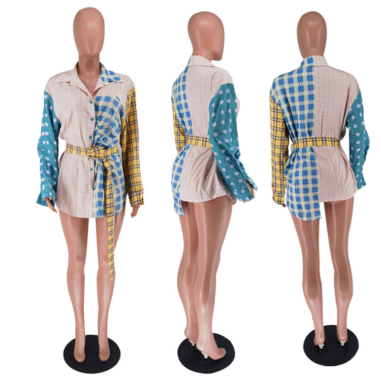 Women Fashion Printed Patchwork Long Sleeve Shirt (Including Belt) 14
