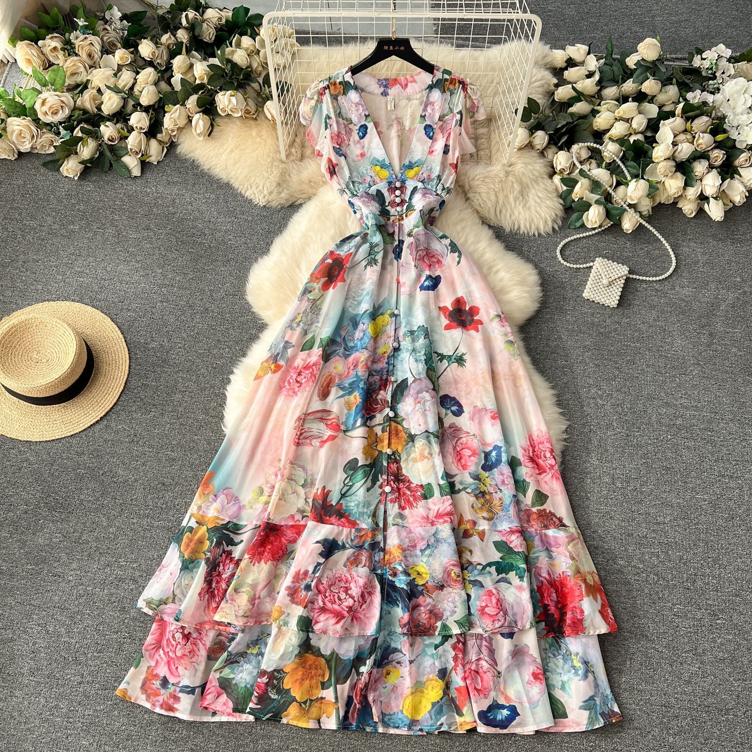 Women Holidays Sexy V Neckchiffon Ruffle Dress