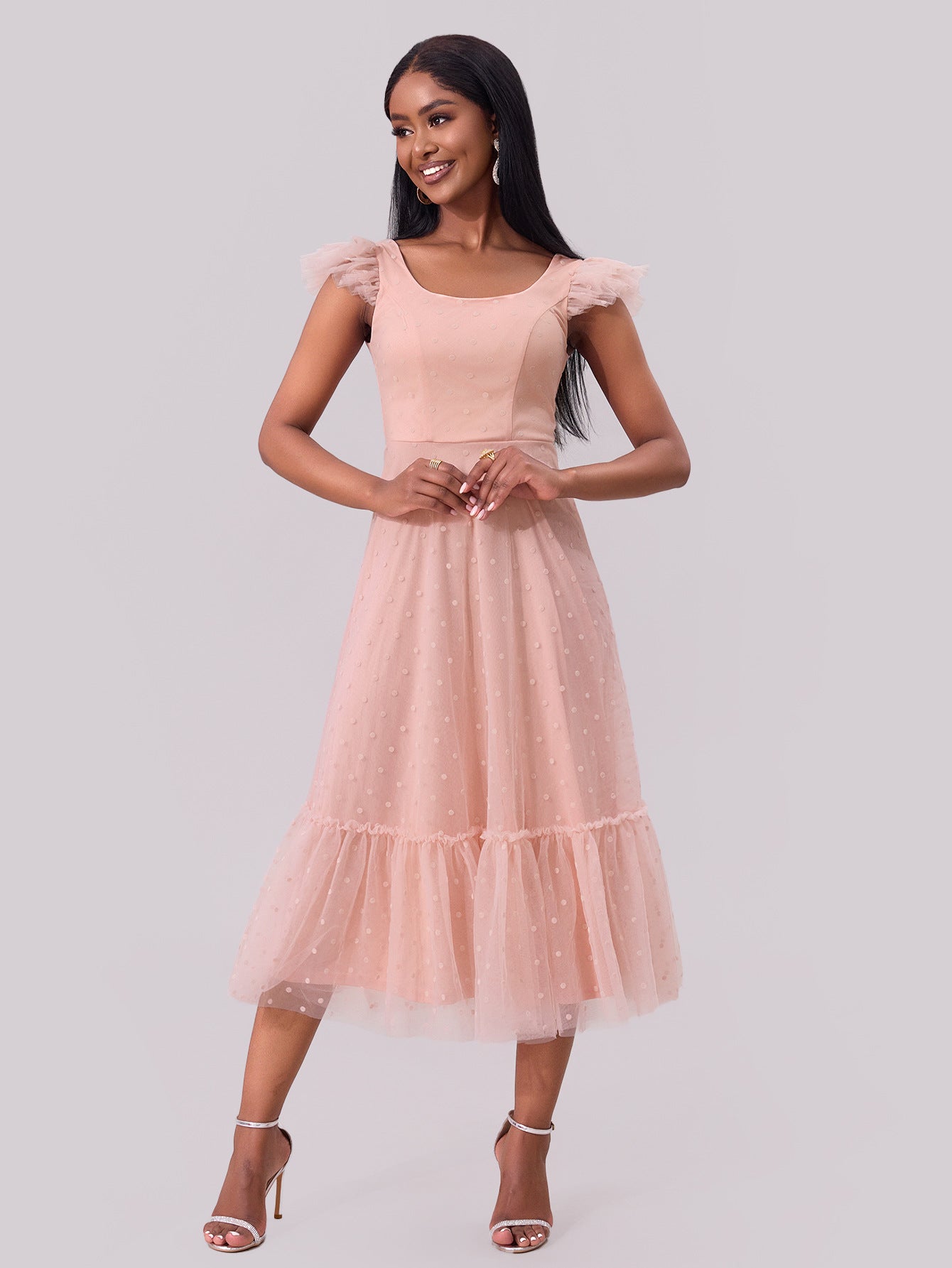 Women Flying Sleeve Pleated Layered Short Sleeve Dress