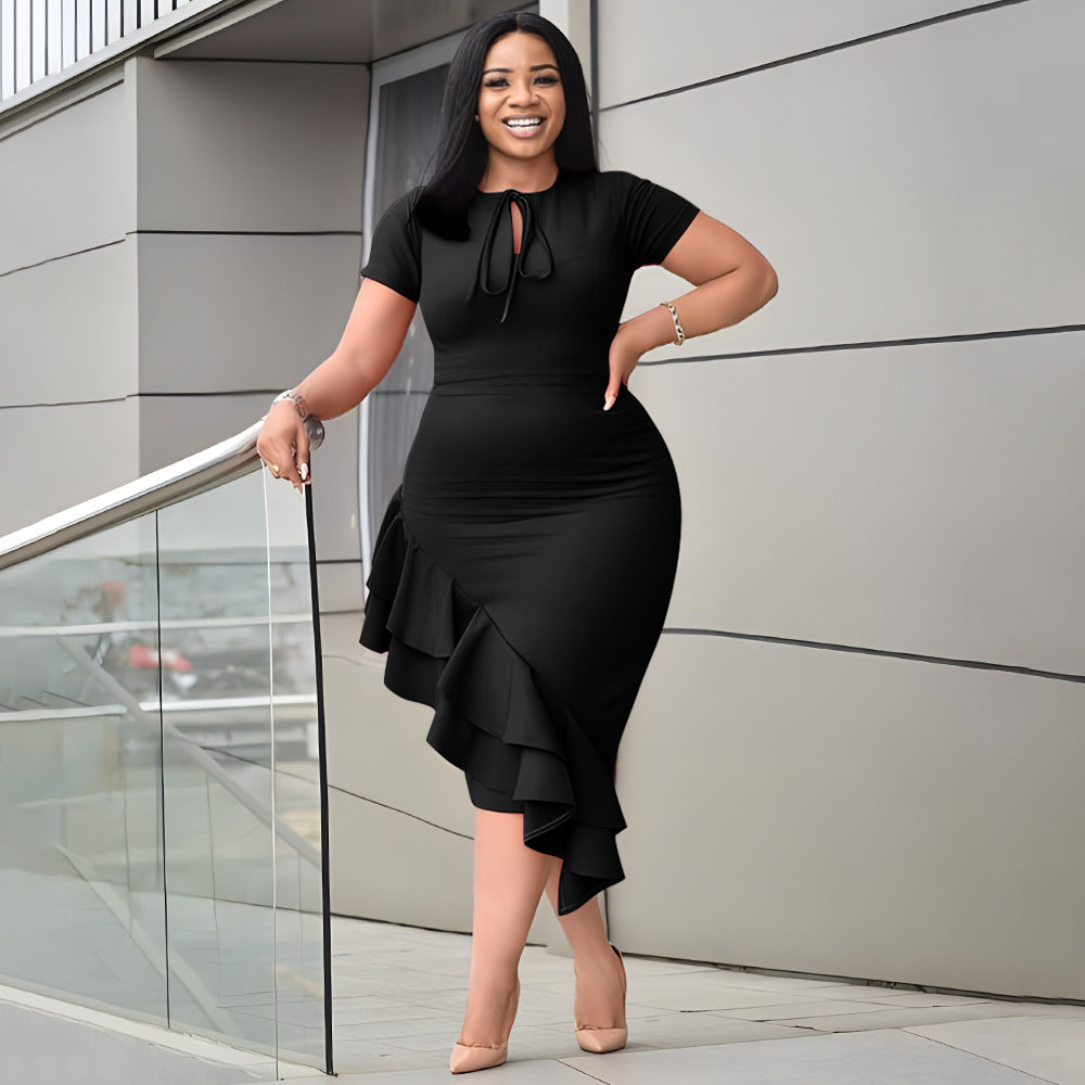 fashion Plus Size women's sexy Casual tie neck ruffle bodycon dress 6