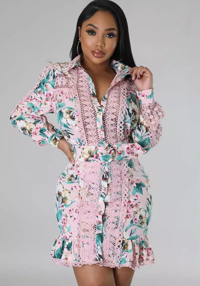 Women's Long-Sleeved Lace Patchwork Slim Printed Turndown Collar Floral Shirt Dress