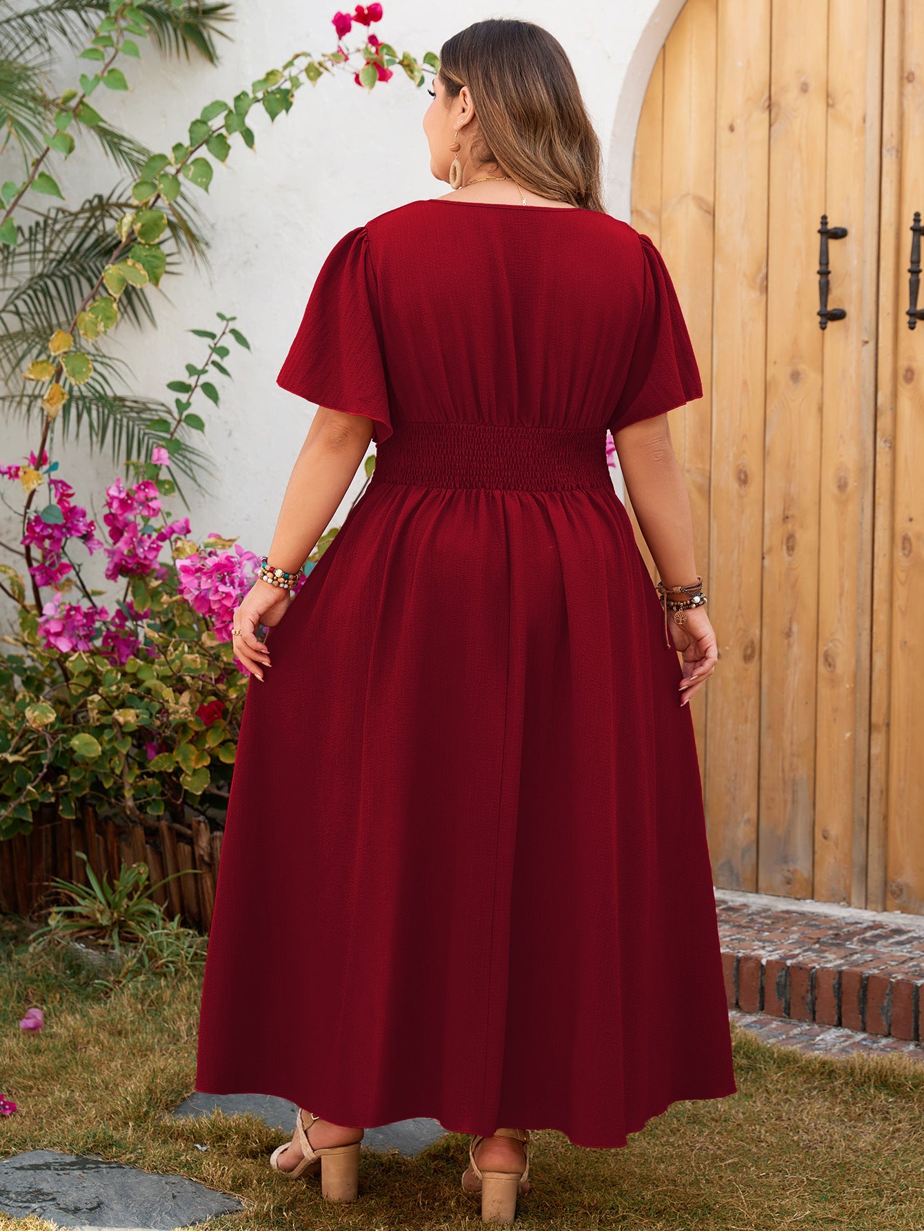 Women spring and summer holidays red v-neck chiffon short-sleeved dress 3