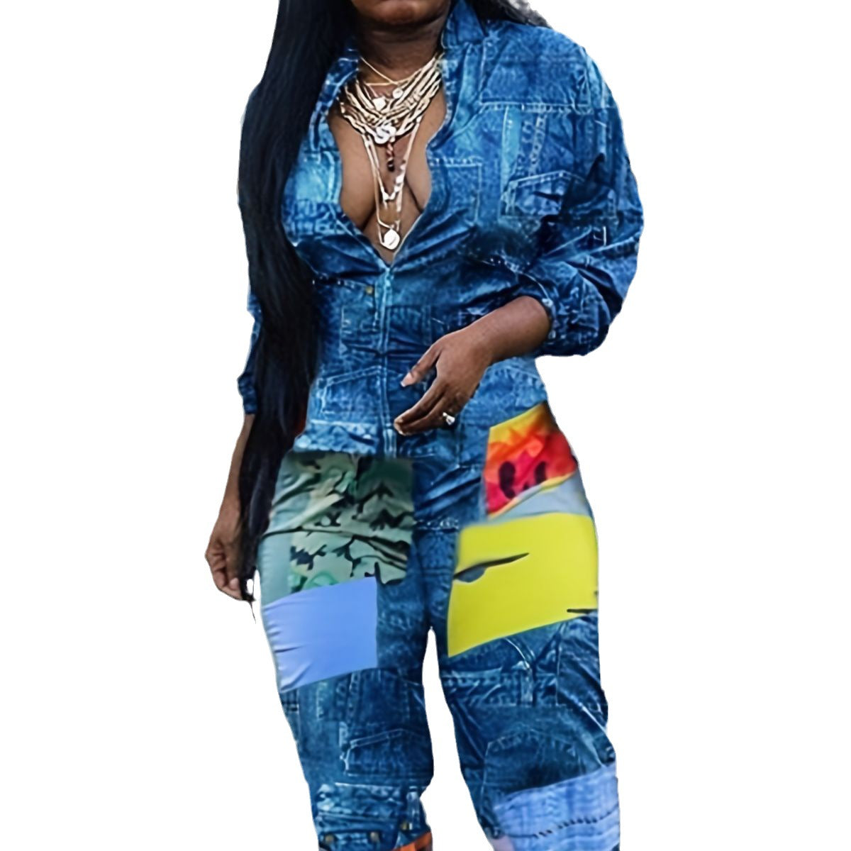 Women's Fall/Winter Positioning Print Contrast Color Long Sleeve Plus Size Jumpsuit