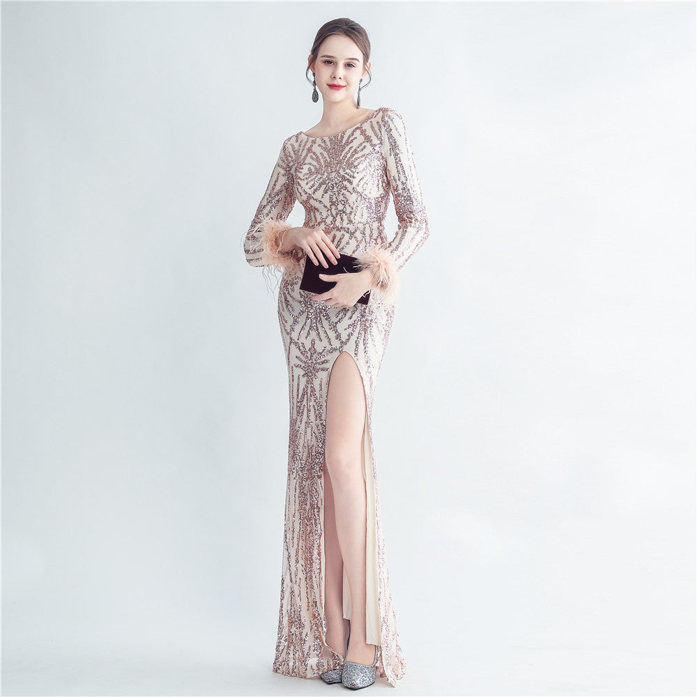 High-density ostrich feather sequin long-sleeved mermaid high-end evening dress 10