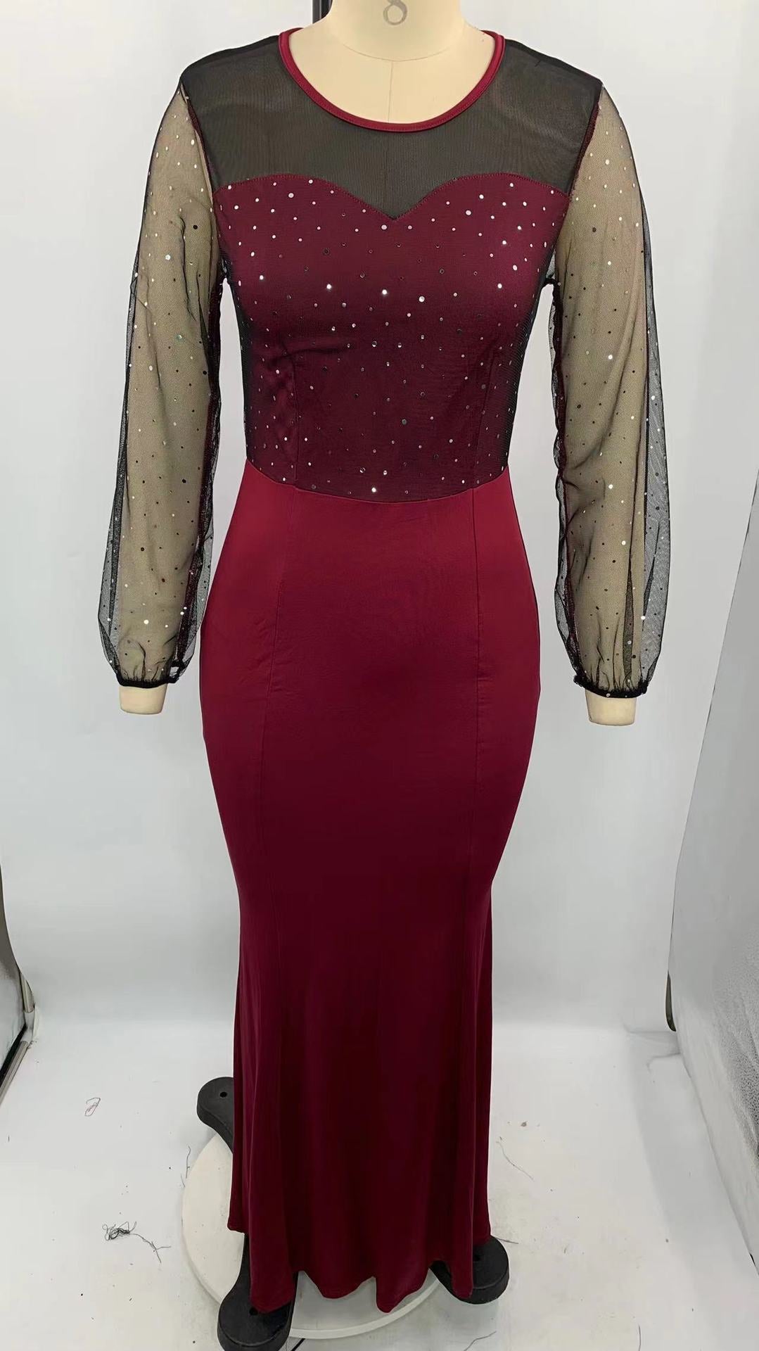 Mesh Patchwork Dress Women's Fashion Round Neck Long Sleeves Slim Elegant Dress Maxi Dress 17