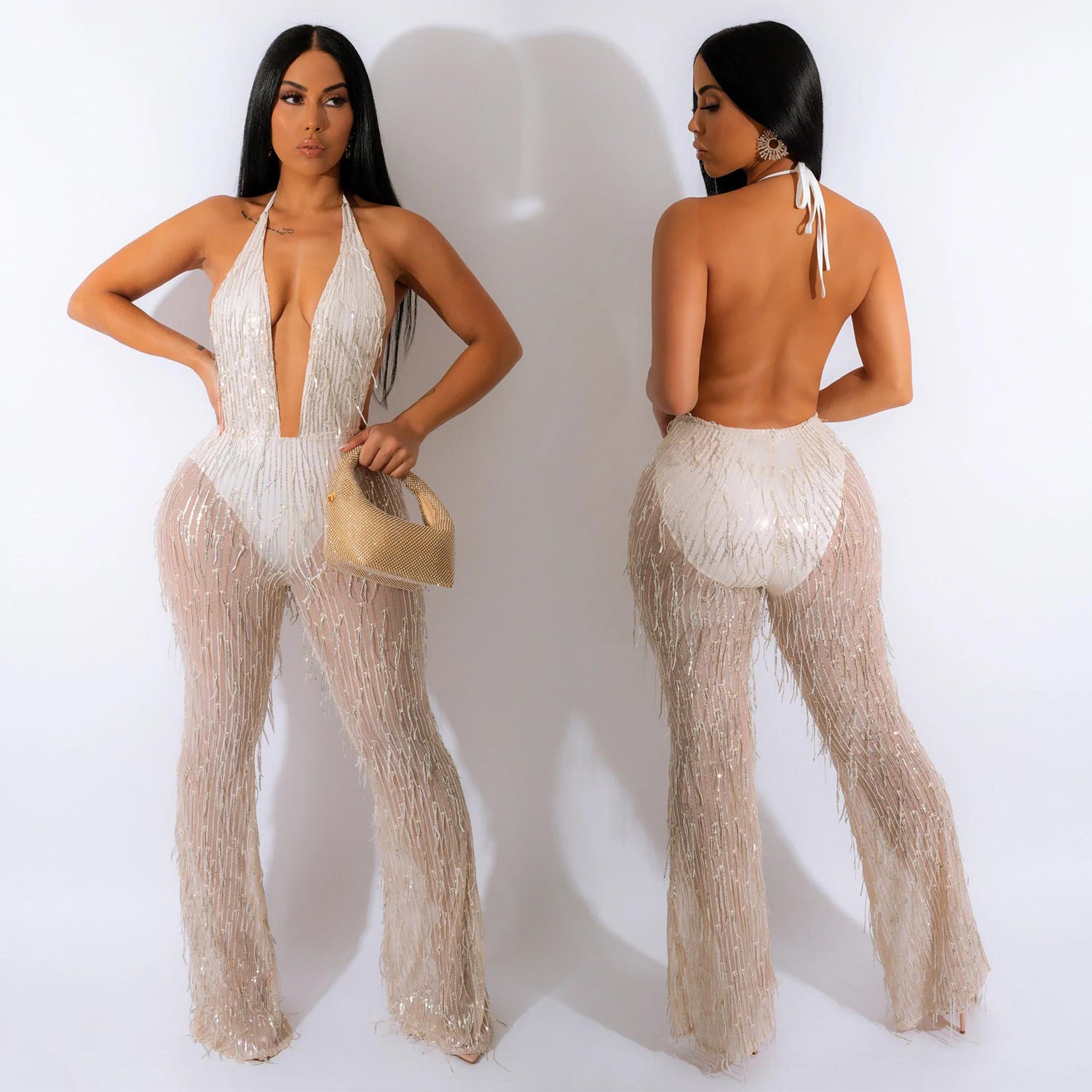 Women'S Fashion Sequined Tassel Mesh Halter Backless Nightclub Jumpsuit 6