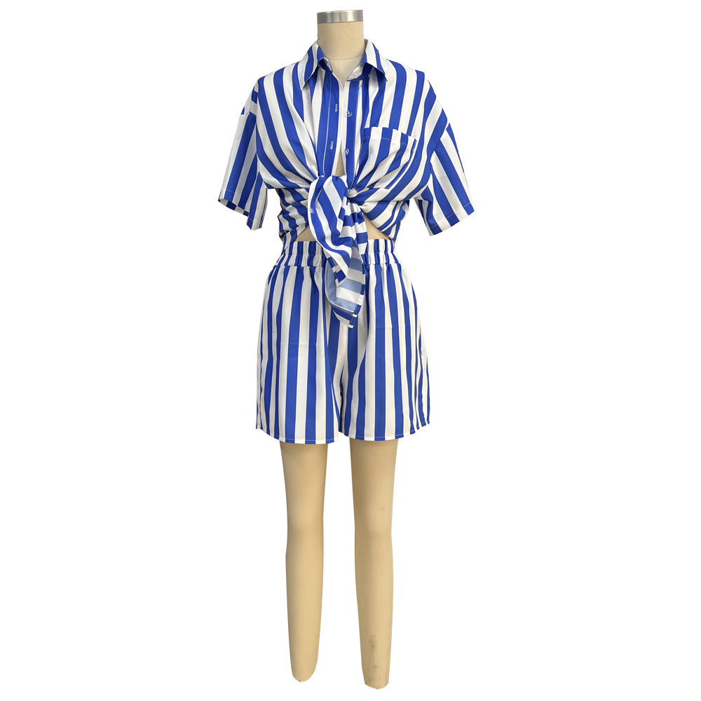 Striped Turndown Collar Long Sleeve Shirt Elastic Waist Shorts Set Two-Piece Set 11