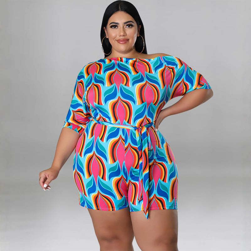 Plus Size Women's Summer Slash Shoulder Print Short Sleeve Jumpsuit With Belt 7