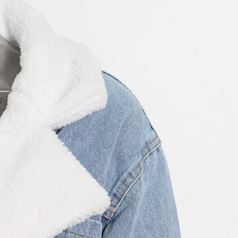 Women Autumn/Winter Turndown Collar Long Sleeve Lace-Fly Lamb Maxi Colorblock Denim Coat 19