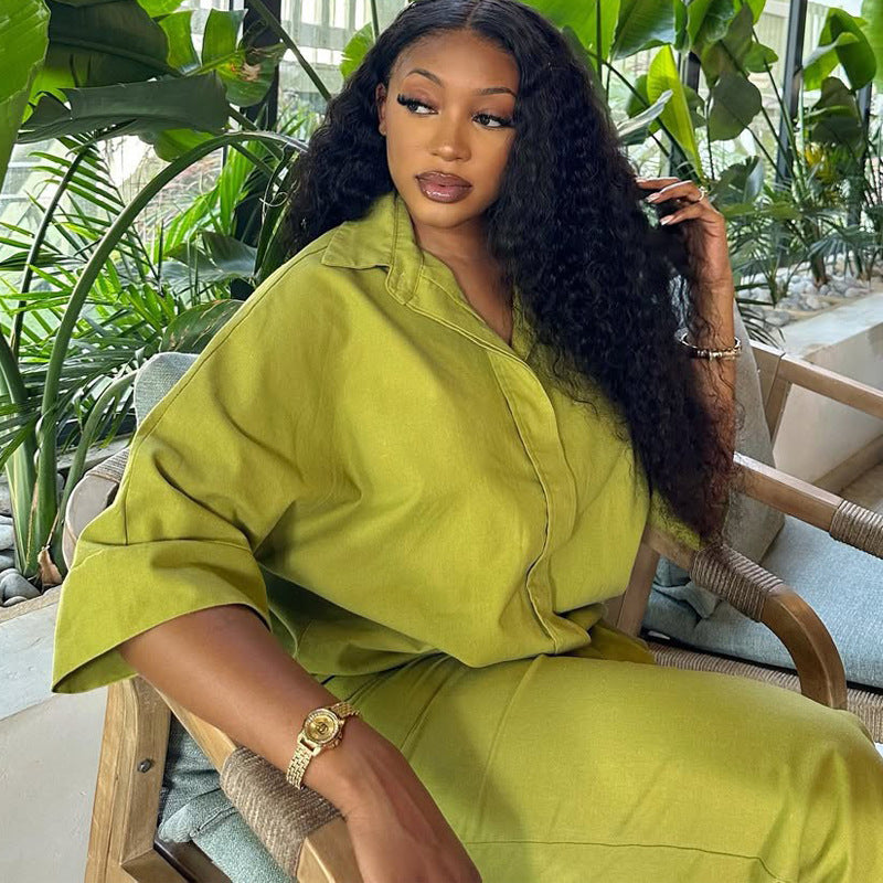 Plus Size Women summer solid African Top and long pants two-piece set