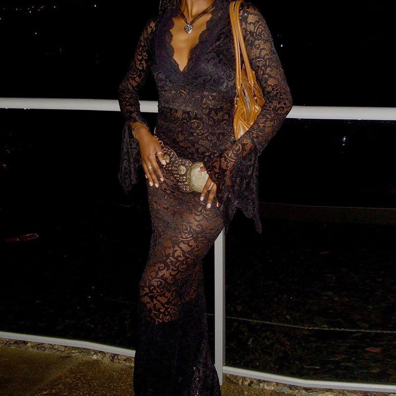 Women Sexy Deep V Neck See-Through Lace Slim Long Sleeve Long Dress 4