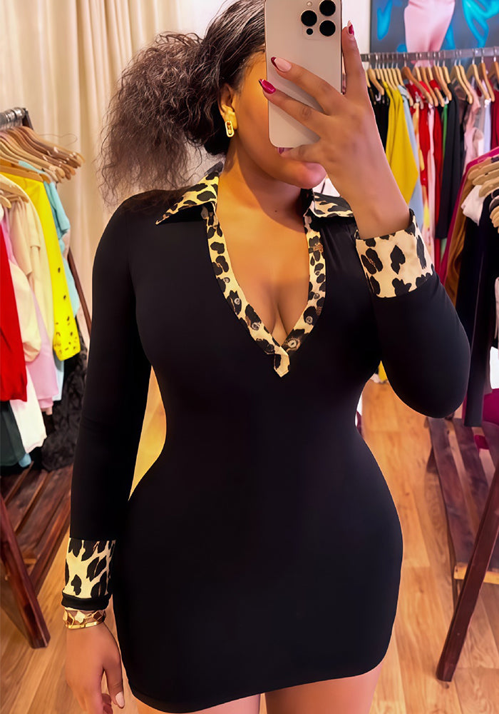 Leopard Print Deep V Turndown Collar Tight-Fitting Bodycon Dress