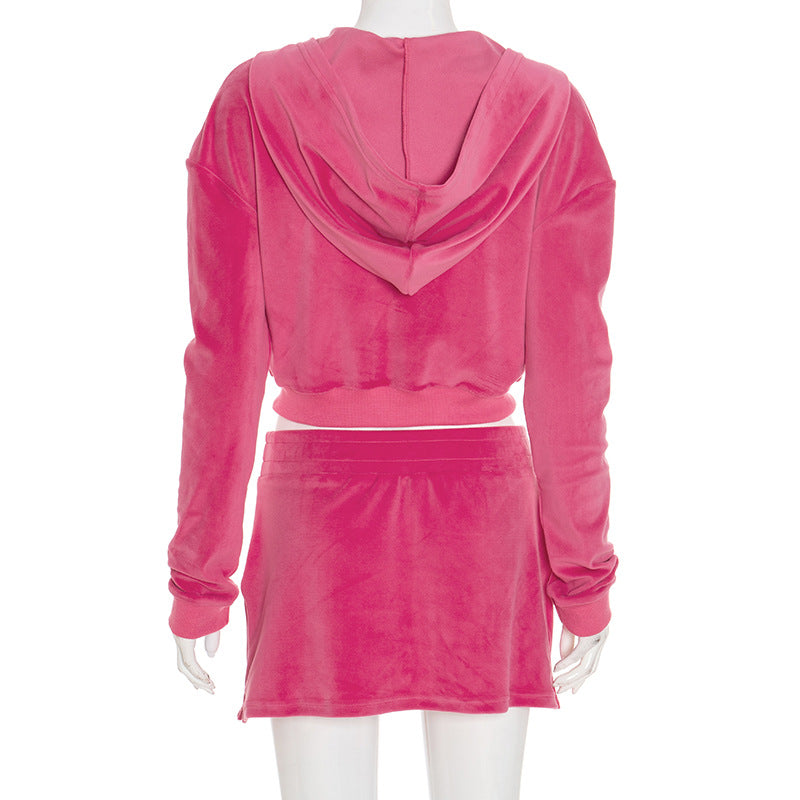 Women Sexy Hooded Long-Sleeved Crop Top and Skirt Two-Piece Casual Set 13
