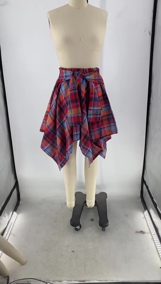 Fashionable Asymmetrical High-Waist Patchwork Plaid Skirt 36