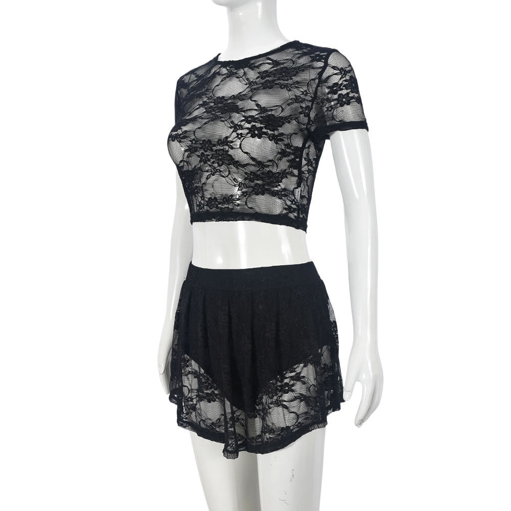 lace hollow Crop Short-sleeved top short skirt fashion sexy two piece set for women 6