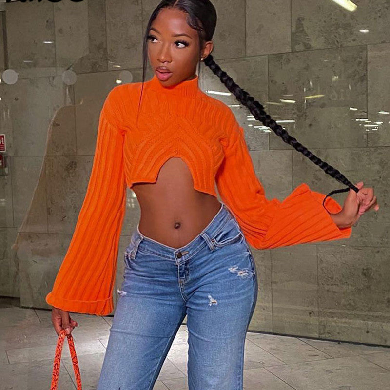 Autumn And Winter Sweater Solid Color Women Casual Long Sleeve Round Neck Classic Tight Fitting Irregular Crop Mid-Waist Women's Clothing 9