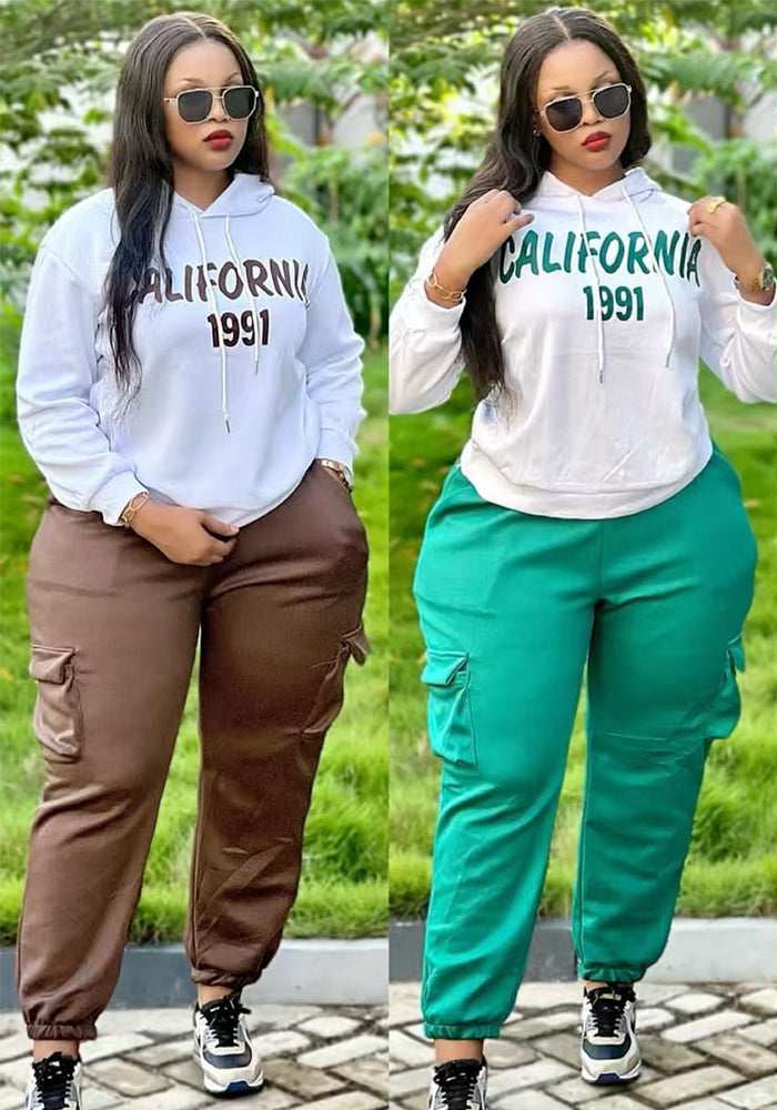 Women Casual Printed Hoodies and Cargo Pants Two-piece Set