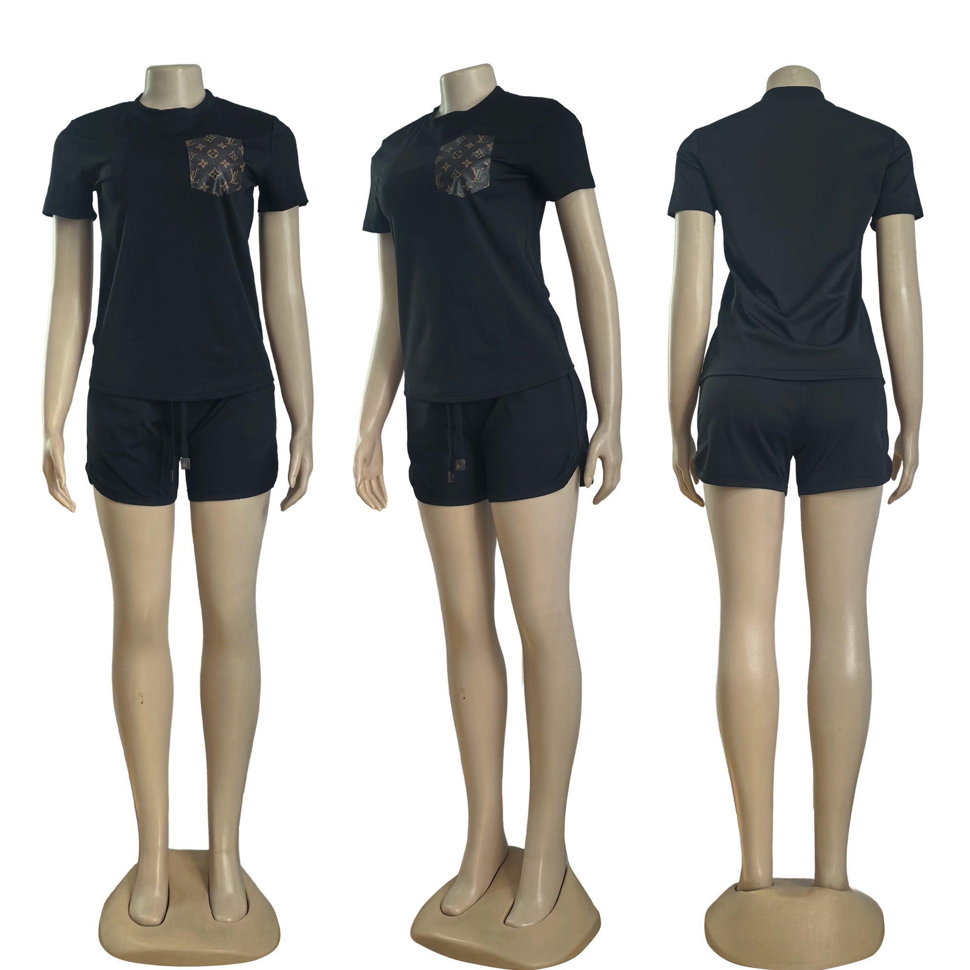 Women Casual PU-Leather Pocket Short Sleeve Top Shorts Two-piece Set 5