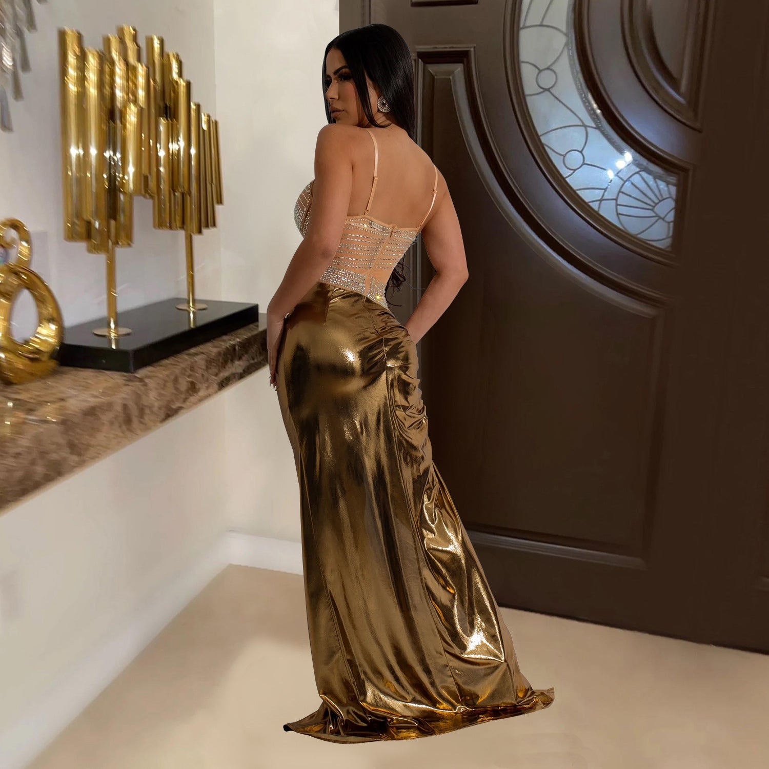 Fashionable women's rhinestone beaded see-through mesh patchwork high slit dress 7