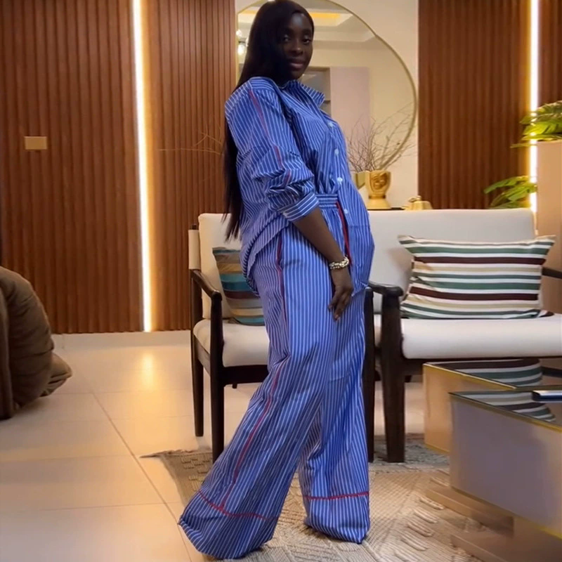 African Women's Summer Turndown Collar Loose Striped Shirt & Wide-Leg Pants Two Piece Set 11