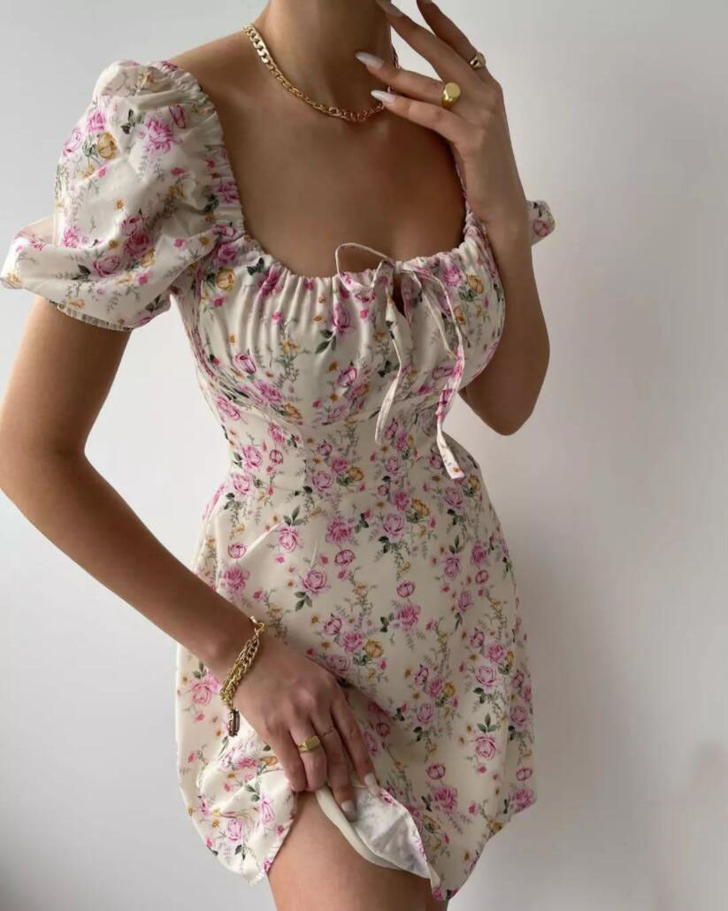 Women'S Summer Fashion Puff Sleeve Floral A-Line Summer Female Dress 8