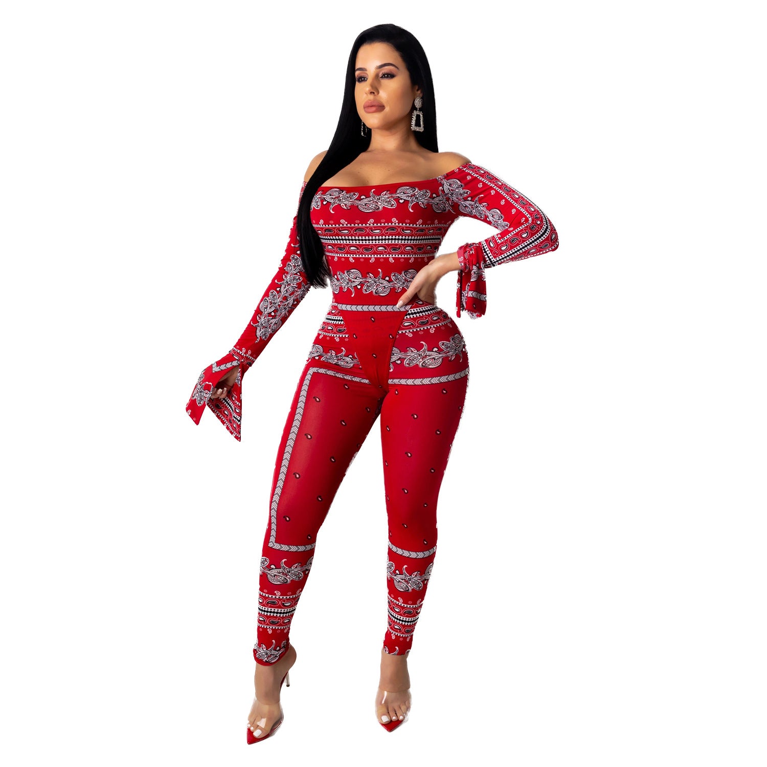 Women Long Sleeve Printed Bodysuit and Pant Two-piece Set 8