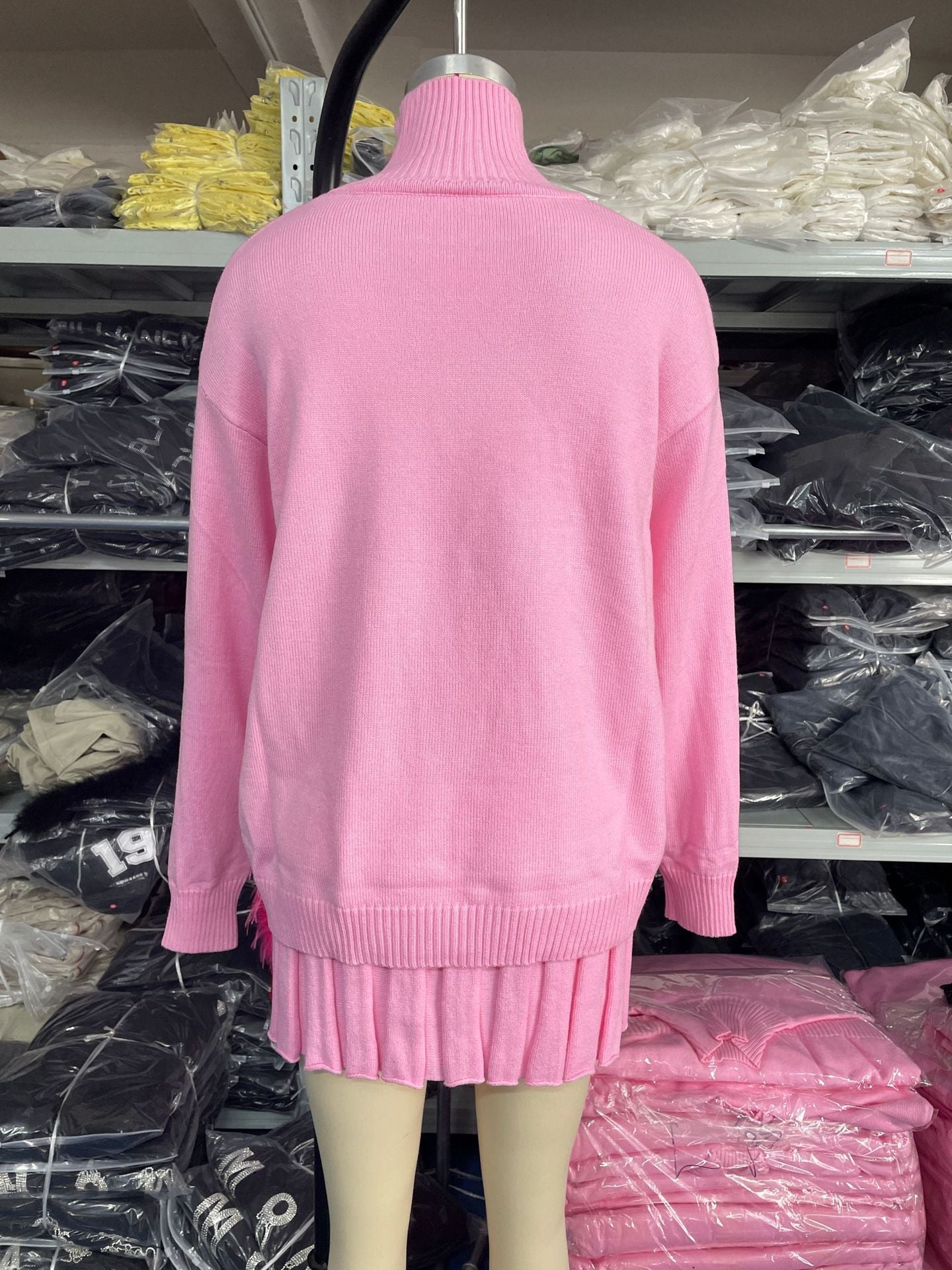 College Style Outfit Solid Color Turtleneck Knitting Long-Sleeved Top Pleated Skirt Two-Piece Set 6