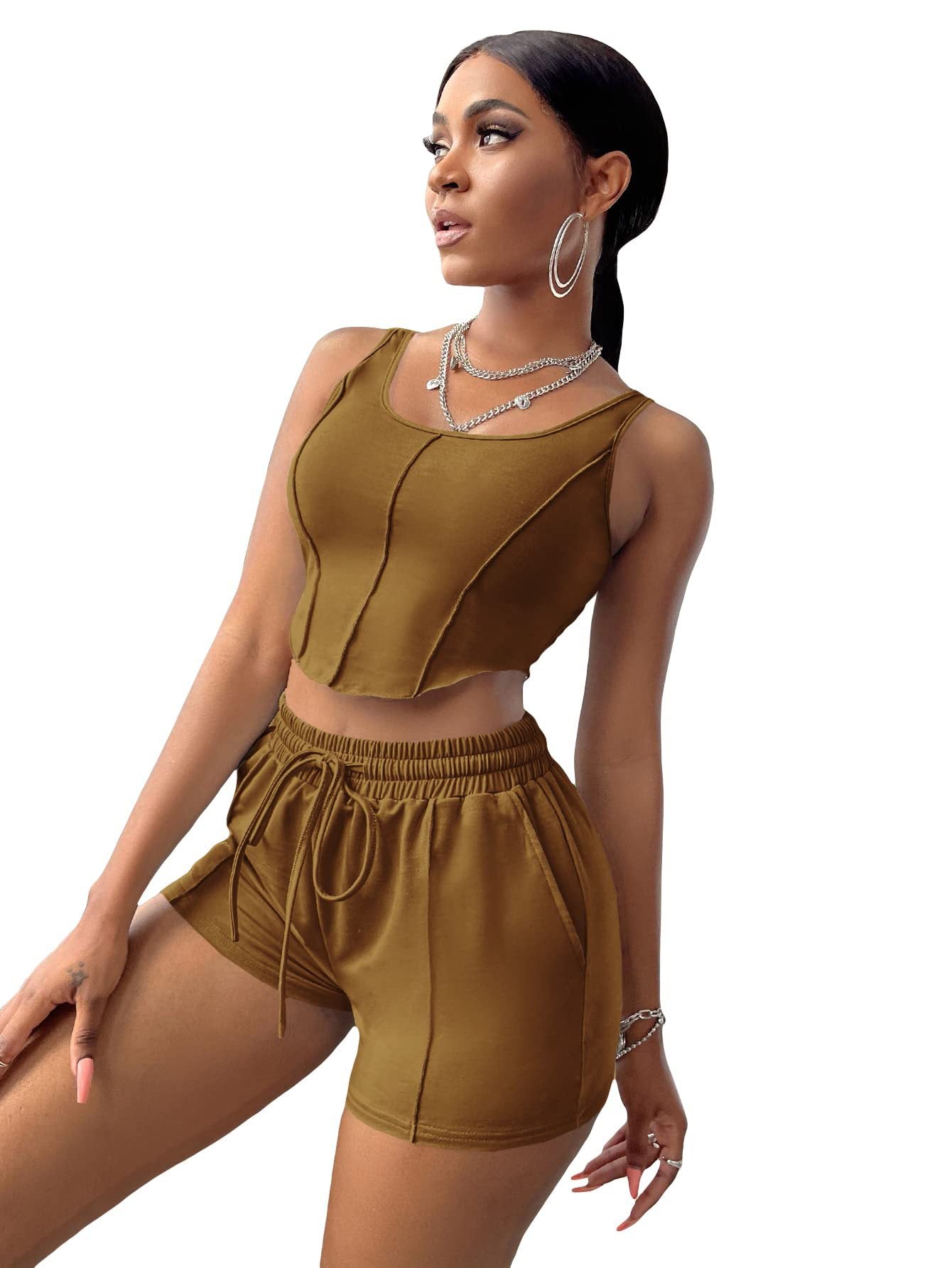 Women Sexy Irregular Top and Solid Shorts Two-Piece Set 28