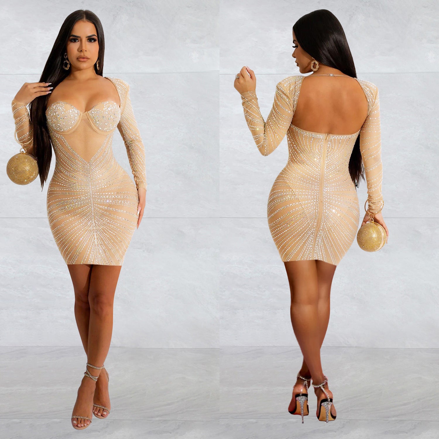 Fashion Women's Solid Color Mesh Beaded Long Sleeve Short Club Dress 5