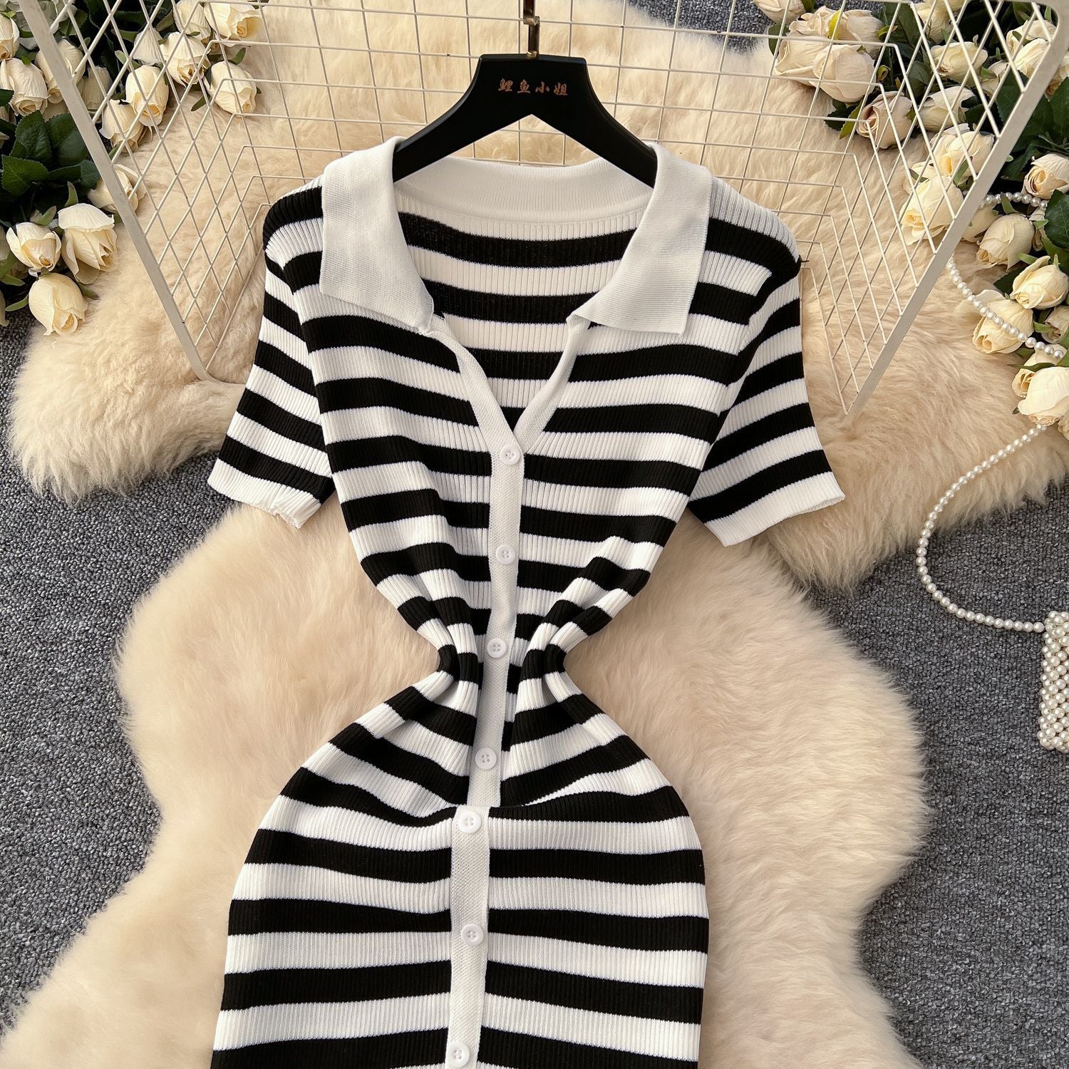 Women Metal Button Slit Knitting Dress 11