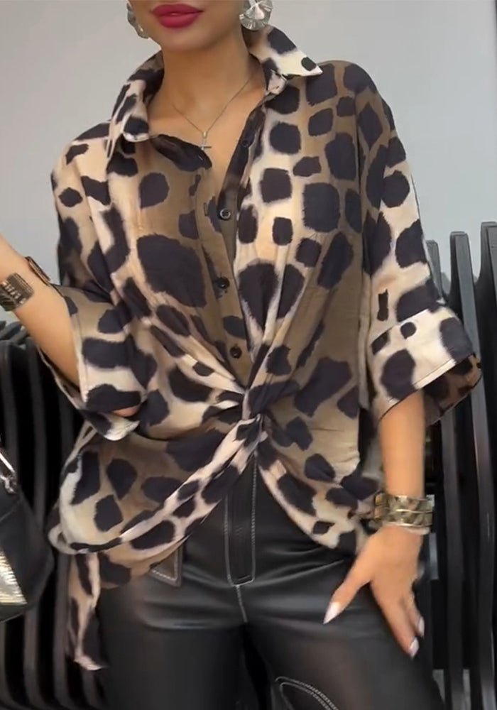Women Leopard Print Loose 3/4 Sleeve Knot Shirt
