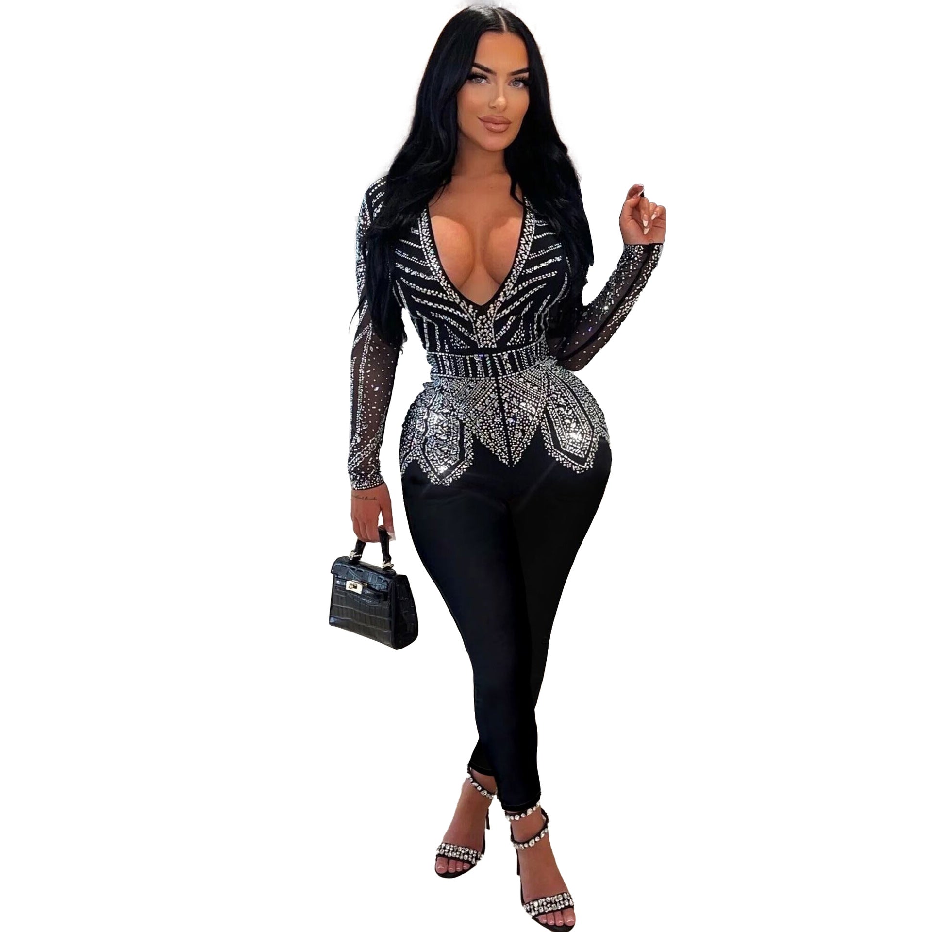 Women Sexy Beaded V-Neck Stretch Jumpsuit 6