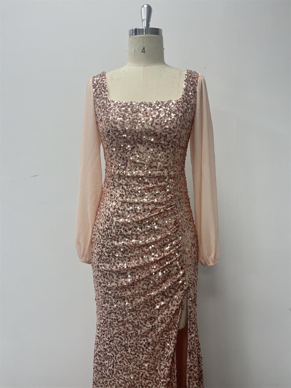 Women's  Sexy U-Neck Long Sleeve Shiny Evening Dress Chiffon Patchwork High Slit Pleated Long Dress 10