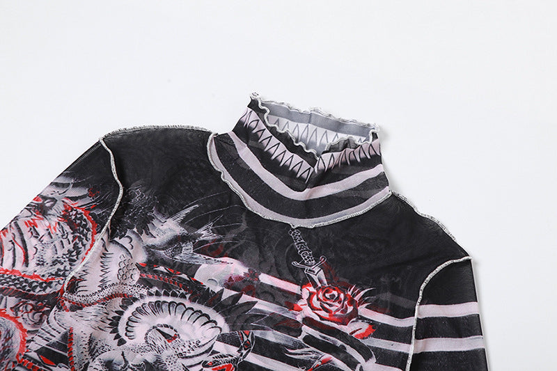 Women sexy mesh See-Through printed Top and high-waisted Casual trousers two-piece set 14