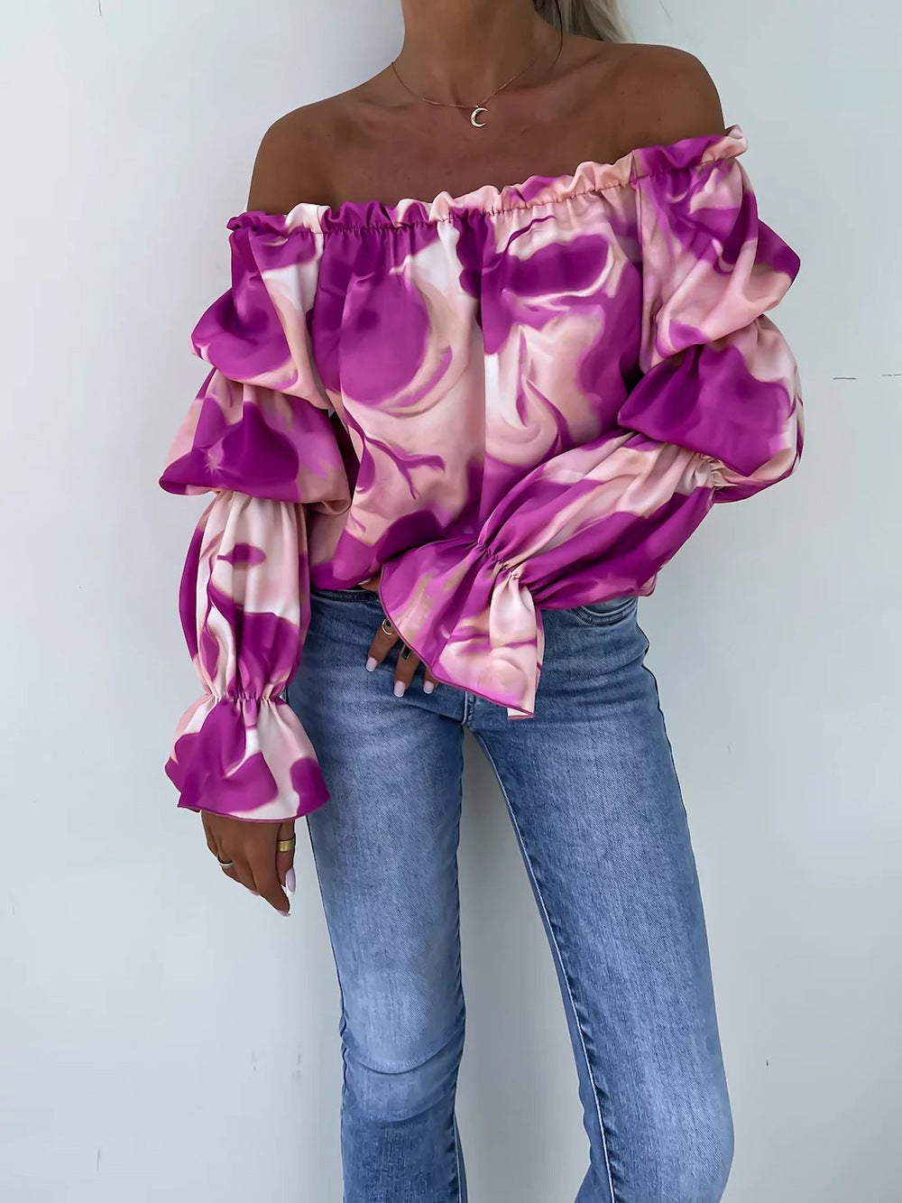 Off Shoulder Long Sleeve Printed Loose Women Casual Top 5