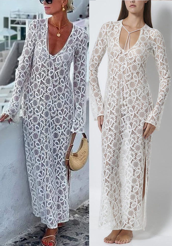 Spring Summer Long-Sleeved See-Through Lace Loose Holidays Slit Dresses