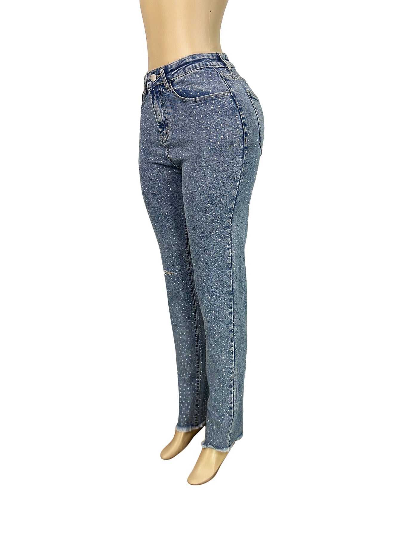 Women Beaded Pocket Ripped Denim Pants 7