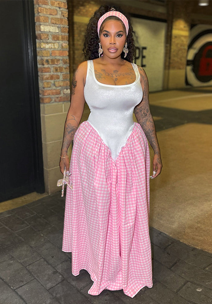 Solid Color Patchwork Plaid Print Sleeveless Loose Long Dress